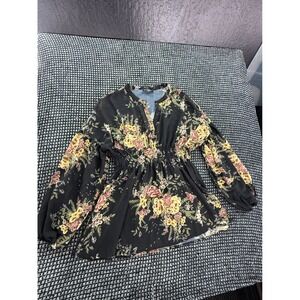 Suzanne Betro Womens XL Black Floral Smocked Waist Peplum Blouse Long Sleeve